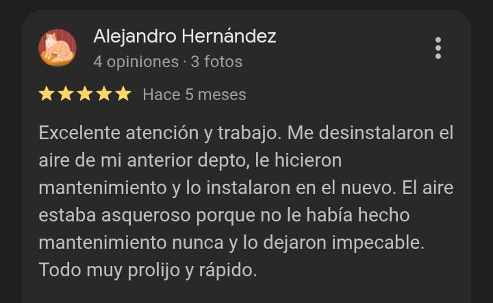 Recomendación de cliente mencionando años de confianza y excelente mantenimiento